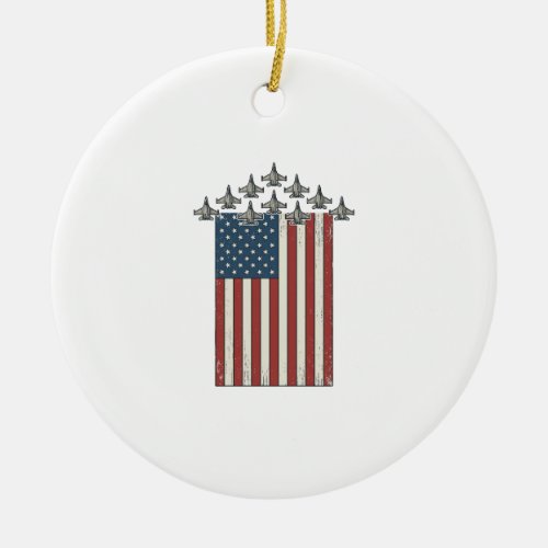 Patriotic Fighter Jet Flag Vintage Engraving Desig Ceramic Ornament