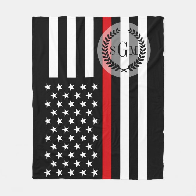 Patriotic Firefighter Thin Red Line Flag Monogram Fleece Blanket (Front)