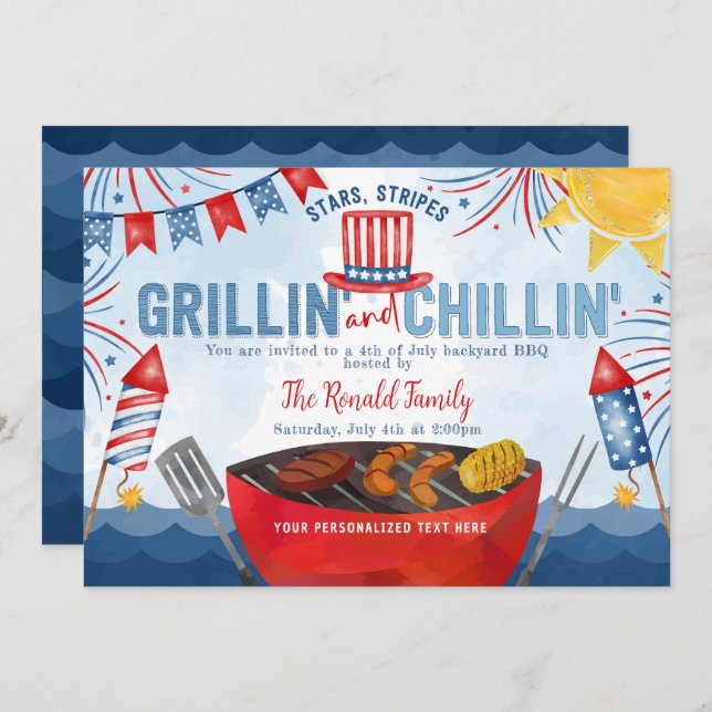 Patriotic Firework 4th of July Backyard BBQ Party Invitation (Front/Back)