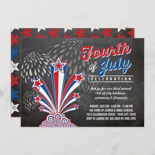 Patriotic Fireworks 4th of July Rustic BBQ Party Invitation