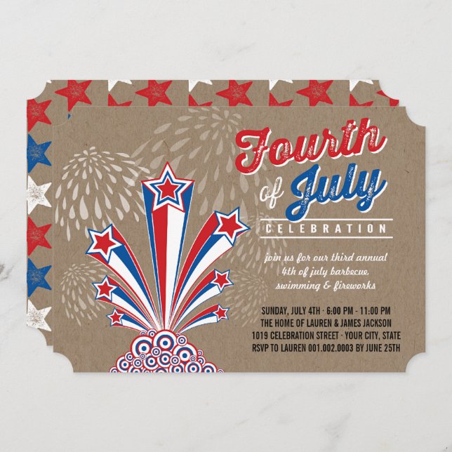 Patriotic Fireworks Fourth of July Party Invite (Front/Back)