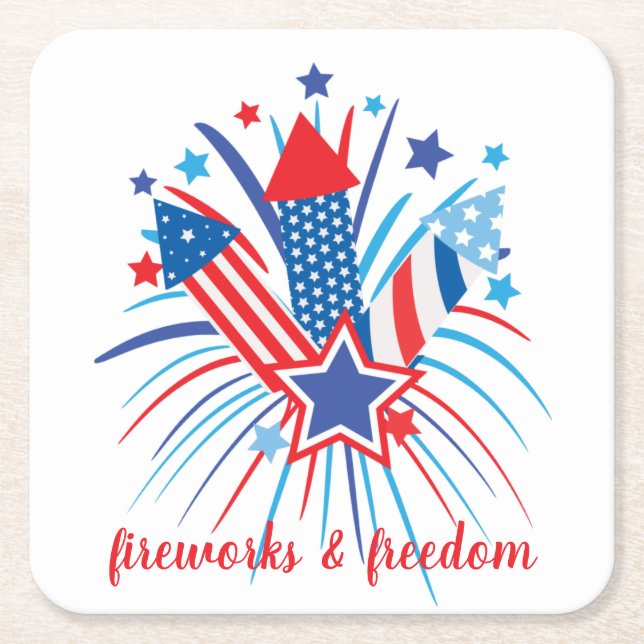 Patriotic fireworks & freedom square paper coaster (Front)