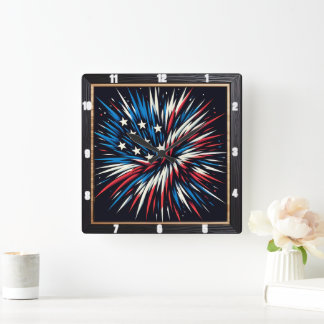 Patriotic Fireworks Red White Blue Square Wall Clock