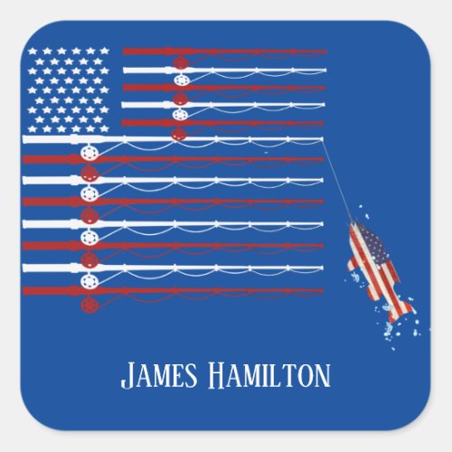 Patriotic fish on flag fishing rods square sticker