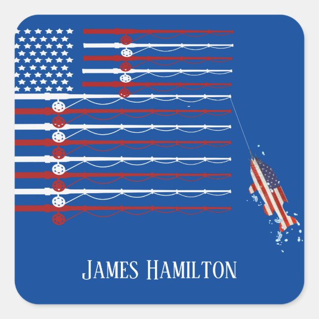 Patriotic fish on flag fishing rods square sticker (Front)