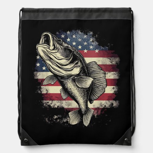 Patriotic Fishing 4th of July Men American Flag Ba Drawstring Bag