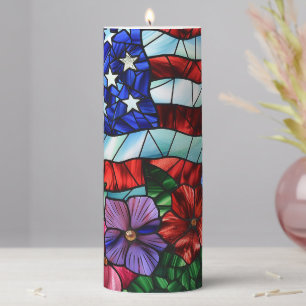 Patriotic Flag and Flowers Pillar Candle
