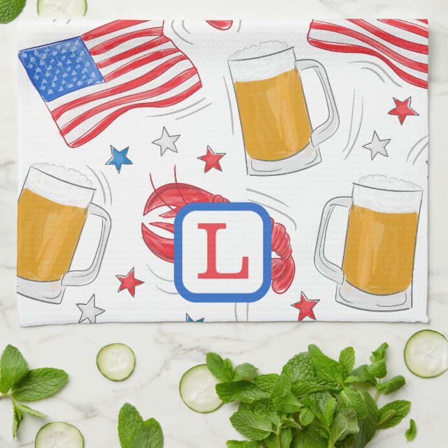 Patriotic Flag Beer Lobster Stars Monogram Kitchen Towel (Folded)