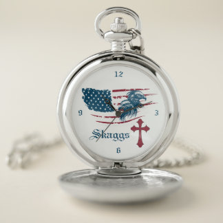 Patriotic - Flag, Eagles & Cross Pocket Watch