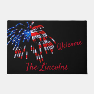 Patriotic Flag Fireworks Red Name Welcome Door Mat