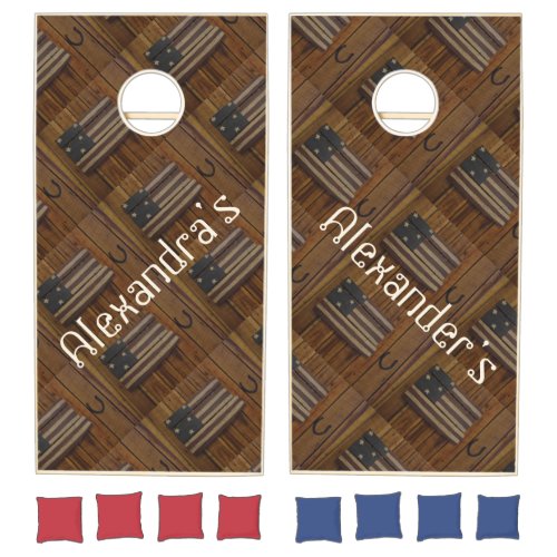 Patriotic flag horse shoes w  names  cornhole set