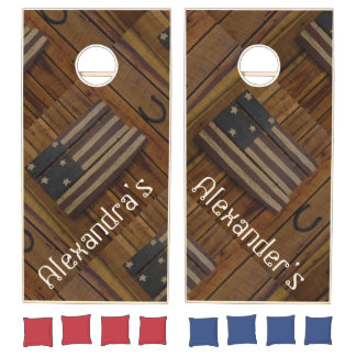 Patriotic flag horse shoes w/  names  cornhole set