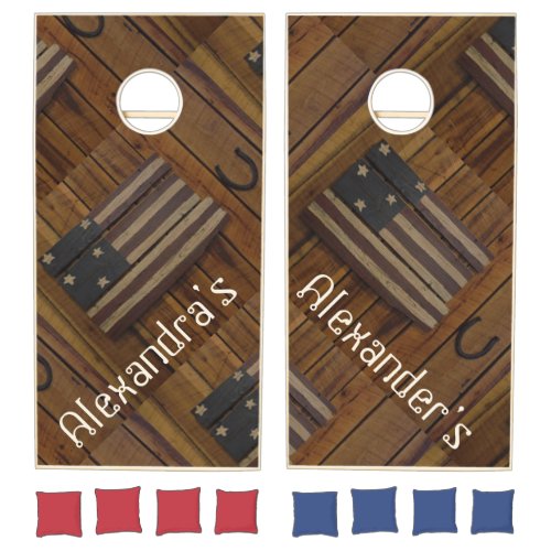 Patriotic flag horse shoes w  names  cornhole set