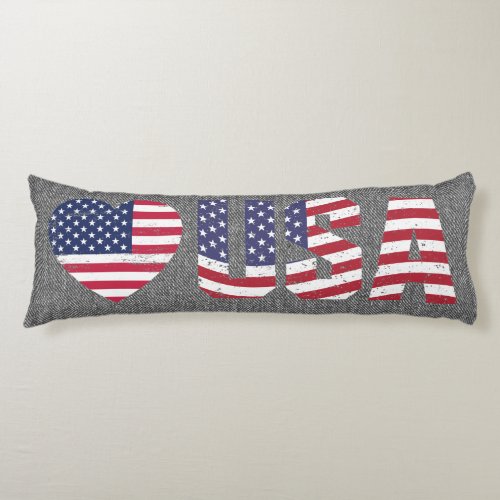 Patriotic Flag Love Heart USA Black Jean Denim Body Pillow