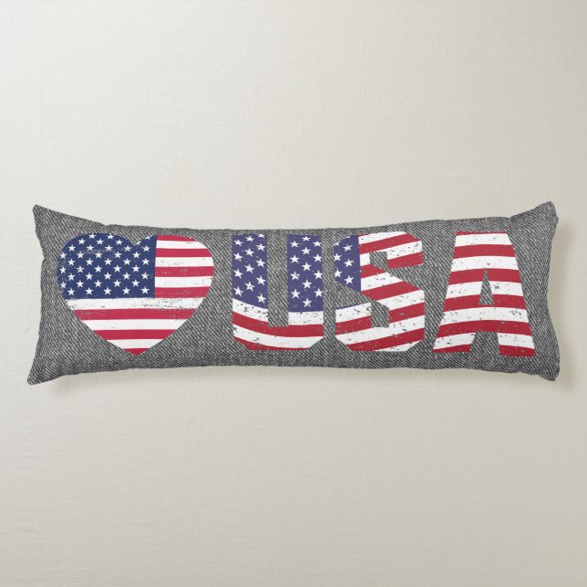 Patriotic Flag Love Heart USA Black Jean Denim Body Pillow (Front)