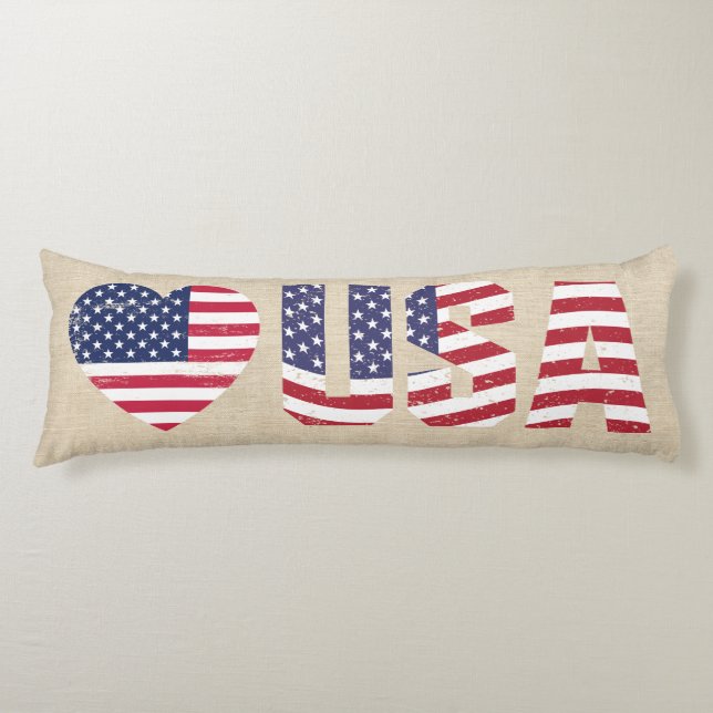 Patriotic Flag Love Heart USA Country Burlap Style Body Pillow (Front)
