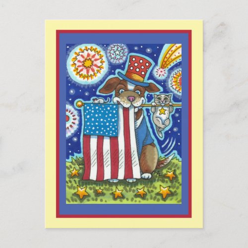 PATRIOTIC FLAG PET DOG CAT MOUSE FUNNY CUTE HOLIDAY POSTCARD