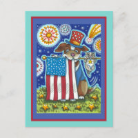 PATRIOTIC FLAG PET DOG CAT MOUSE, FUNNY CUTE  HOLIDAY POSTCARD