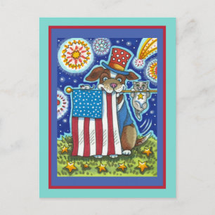 PATRIOTIC FLAG PET DOG CAT MOUSE, FUNNY CUTE HOLIDAY POSTCARD