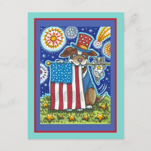 PATRIOTIC FLAG PET DOG CAT MOUSE FUNNY CUTE  HOLIDAY POSTCARD