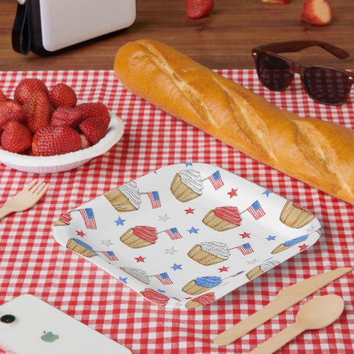 Patriotic Flag Star Cupcakes Red White Blue Paper Plates