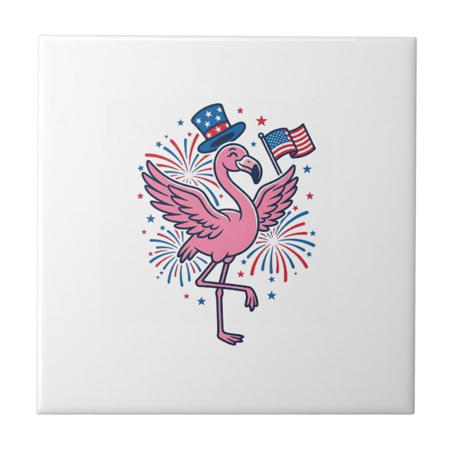 Patriotic Flamingo Fireworks Vector Design_1 Ceramic Tile (Front)