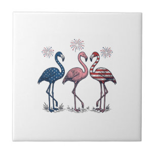 Patriotic Flamingo Trio Vintage Engraving Design_1 Ceramic Tile