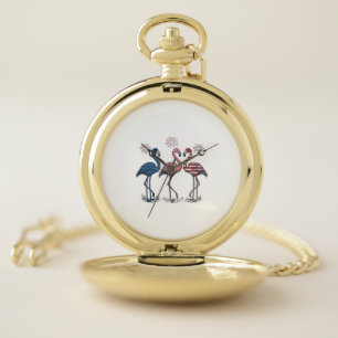 Patriotic Flamingo Trio Vintage Engraving Design_1 Pocket Watch