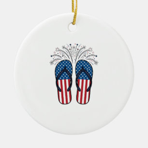 Patriotic Flip Flops Fireworks Summer Shirt Design Ceramic Ornament