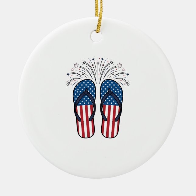 Patriotic Flip Flops Fireworks Summer Shirt Design Ceramic Ornament (Front)