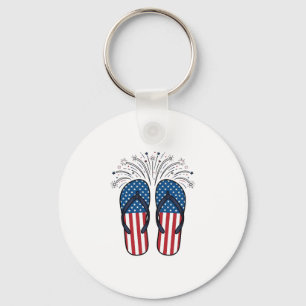 Patriotic Flip Flops Fireworks Summer Shirt Design Keychain