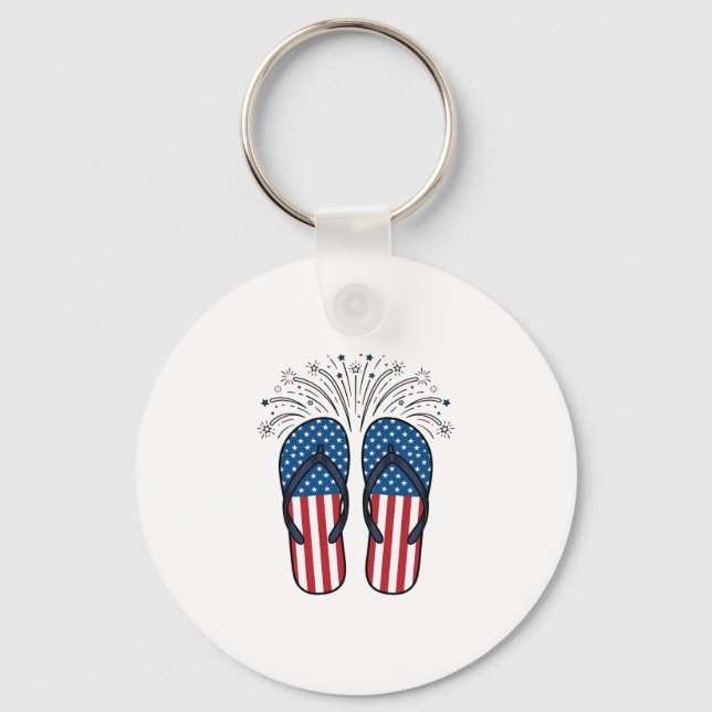 Patriotic Flip Flops Fireworks Summer Shirt Design Keychain (Front)