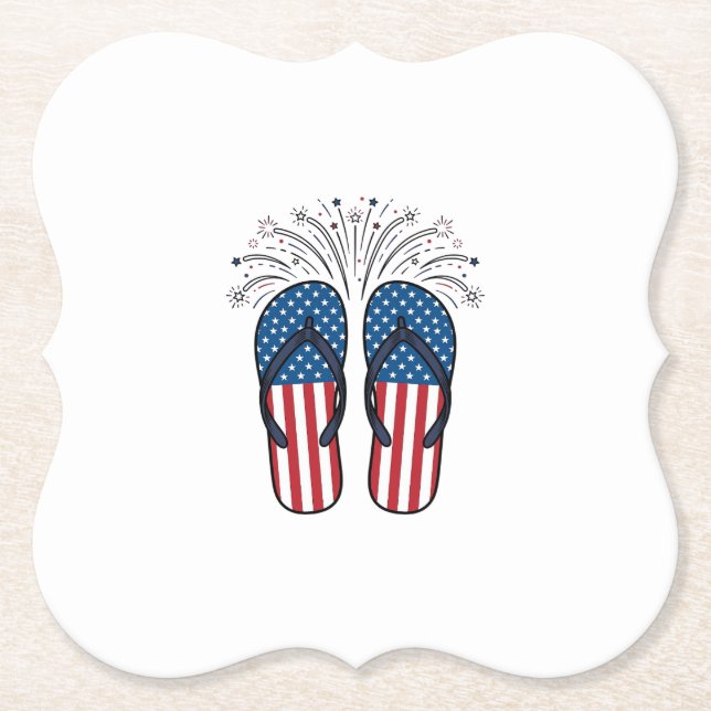 Patriotic Flip Flops Fireworks Summer Shirt Design Paper Coaster (Front)