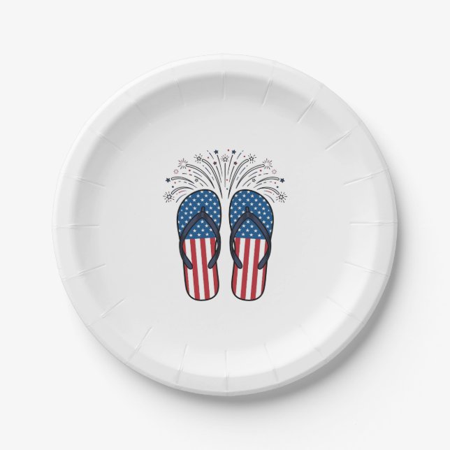 Patriotic Flip Flops Fireworks Summer Shirt Design Paper Plates (Front)