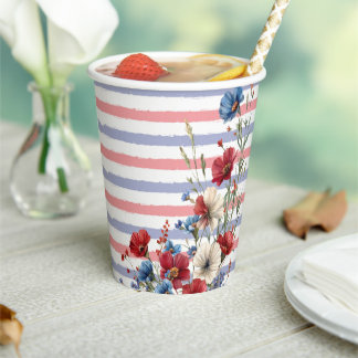 Patriotic Floral and Stripes Party Paper Cups