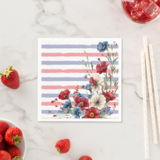 Patriotic Floral and Stripes Party Paper  Napkins