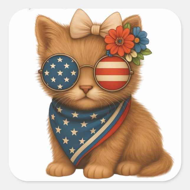 Patriotic floral coquette bow kitten square sticker (Front)