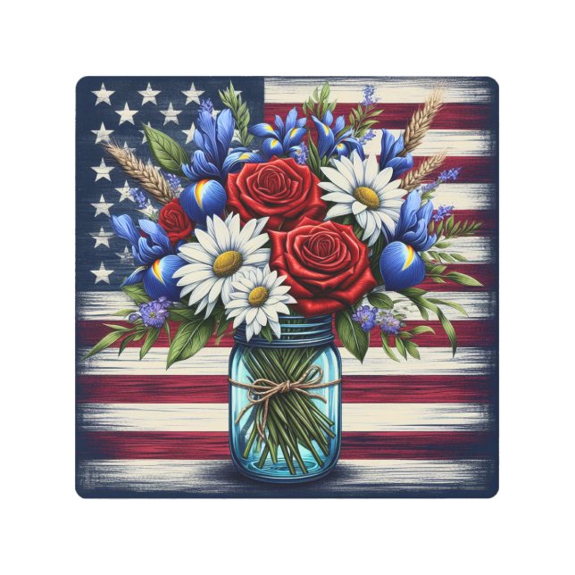 Patriotic, floral distressed American Metal Print (Front)