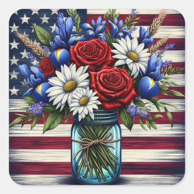 Patriotic, floral distressed American Square Sticker (Front)