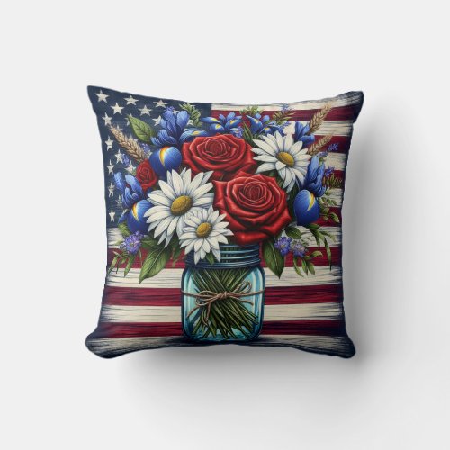 Patriotic floral distressed American Throw Pillow