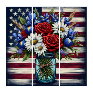 Patriotic, floral distressed American Triptych