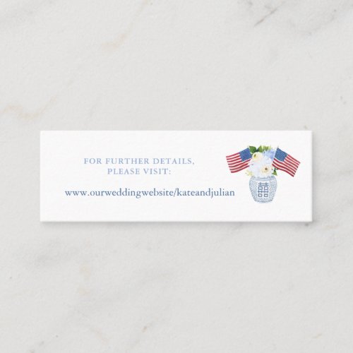 Patriotic Floral Flag Design Wedding Website Card - Blue And White Ginger Jar vase, filled with leaves and flowers and topped with two Stars and Stripes flags. This template has been set up for a wedding website insert card but all the text fields are customizable. The slim format would also work nicely for a list of places registered.