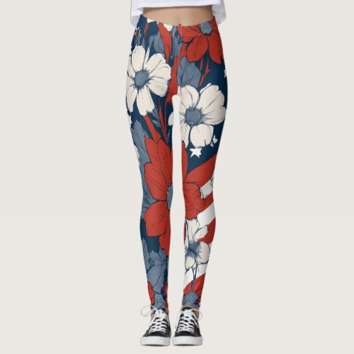 Patriotic Floral Inked Leggings for 4th of July