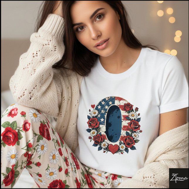 Patriotic Floral Letter O Wreath Design T-Shirt (Sample design. Several style are available to choose from, with the option to add a name & color.)