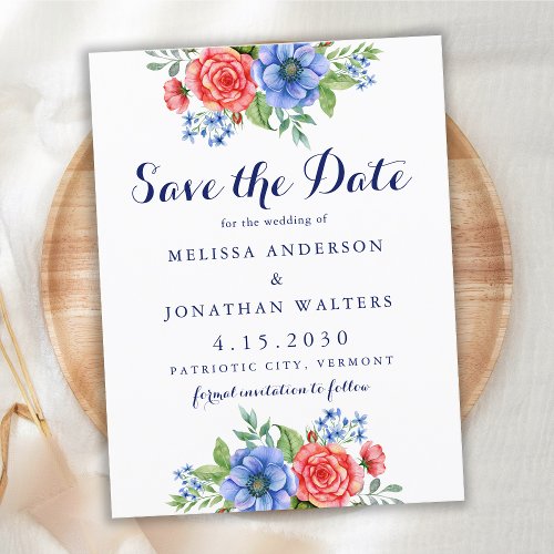 Patriotic Floral Red Blue Wedding Save The Date Postcard