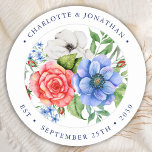 Patriotic Floral Red White Blue 4th July Wedding  Classic Round Sticker<br><div class="desc">Add the finishing touch to your wedding reception party with these red white and blue watercolor floral patriotic wedding stickers. Customize with your names, and wedding date. This USA American Flag themed wedding collection will be a favorite among all military, veterans, and armed forces. Visit our patriotic wedding collection for...</div>