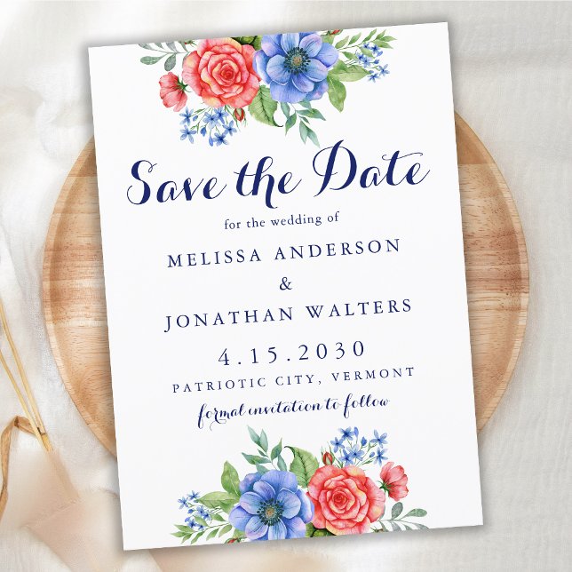 Patriotic Floral Red White Blue 4th July Wedding Save The Date (Creator Uploaded)
