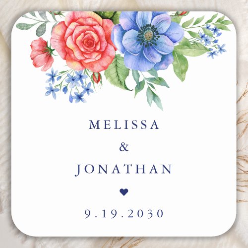Patriotic Floral Red White Blue 4th July Wedding Square Sticker