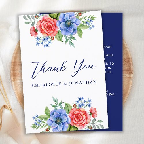 Patriotic Floral Red White Blue 4th July Wedding Thank You Card