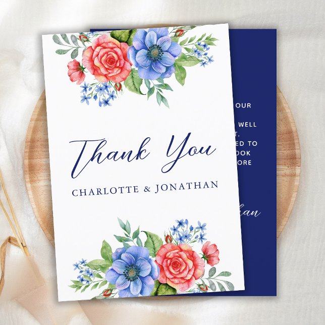 Patriotic Floral Red White Blue 4th July Wedding Thank You Card (Creator Uploaded)